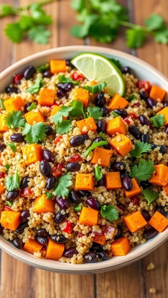 A colorful quinoa salad with roasted sweet potatoes, black beans, corn, and bell peppers, garnished with cilantro and lime.